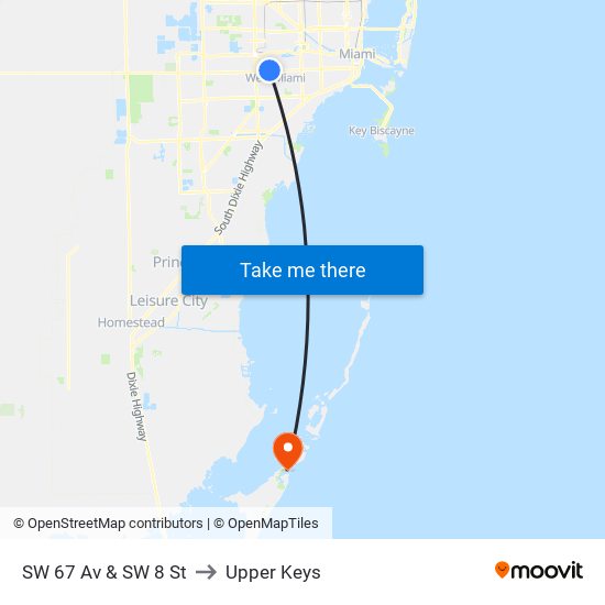 SW 67 Av & SW 8 St to Upper Keys map