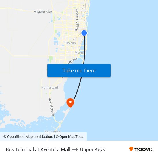 Bus Terminal at Aventura Mall to Upper Keys map