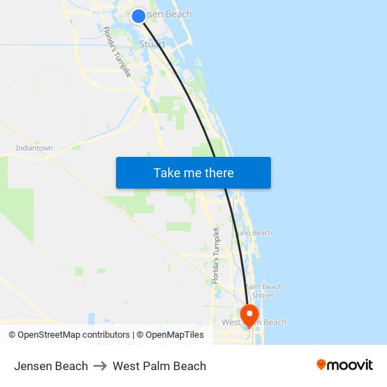 Jensen Beach to West Palm Beach map