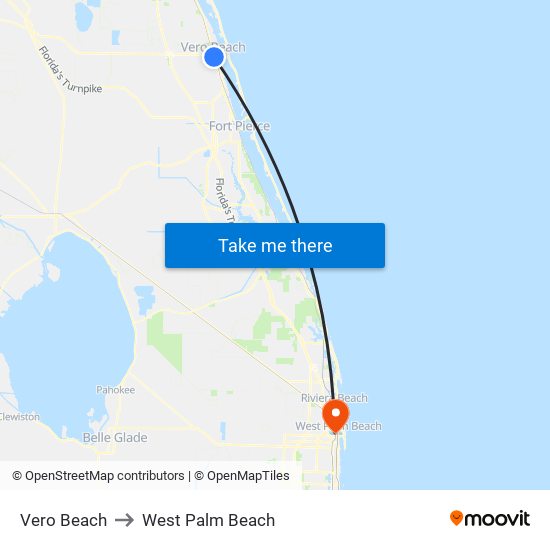 Vero Beach to West Palm Beach map