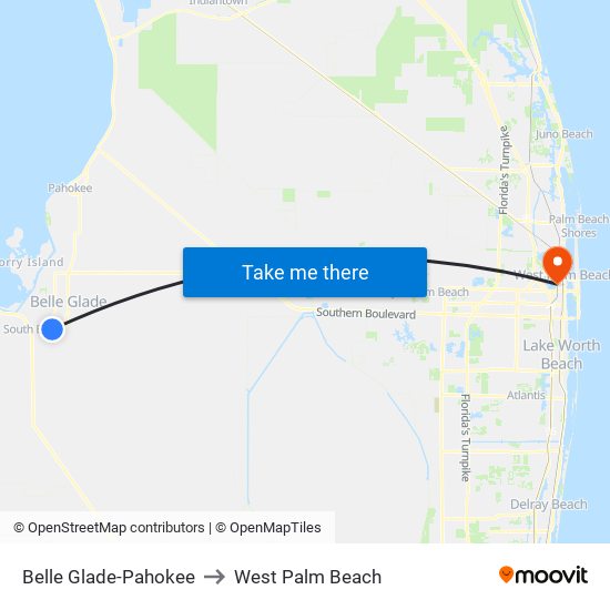 Belle Glade-Pahokee to West Palm Beach map