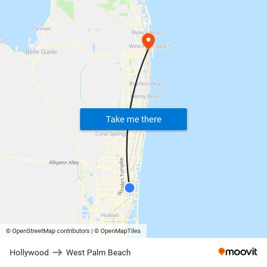 Hollywood to West Palm Beach map