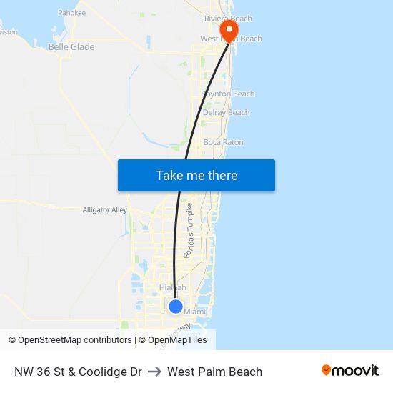 NW 36 St & Coolidge Dr to West Palm Beach map