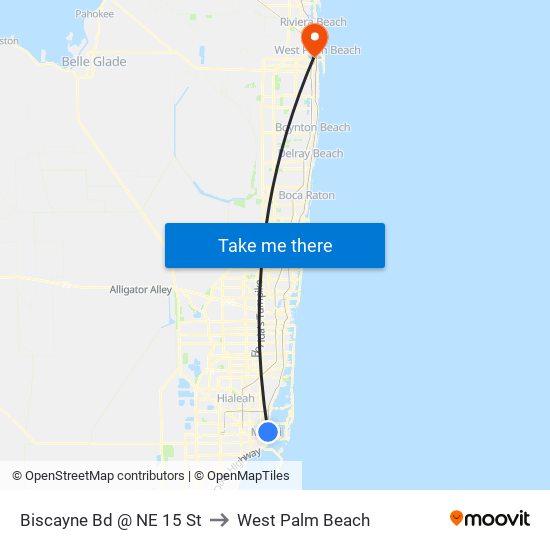 Biscayne Bd @ NE 15 St to West Palm Beach map