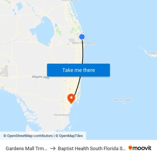 Gardens Mall Trm at Sears Trm to Baptist Health South Florida South Miami Hospital map