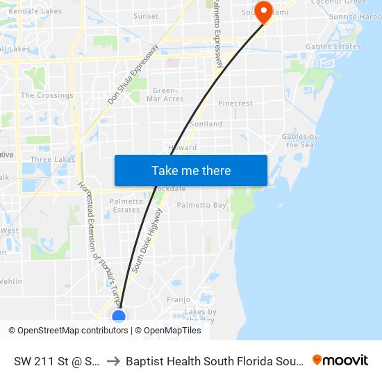 SW 211 St @ SW 107 Av to Baptist Health South Florida South Miami Hospital map