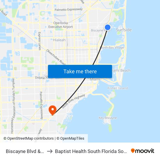 Biscayne Blvd & NE 123 St to Baptist Health South Florida South Miami Hospital map