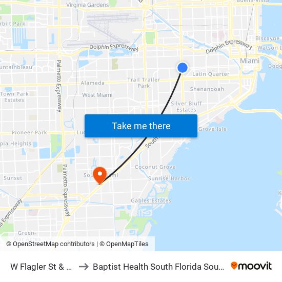 W Flagler St & NW 27 Av to Baptist Health South Florida South Miami Hospital map