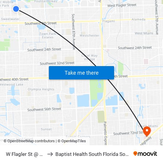 W Flagler St @ NW 107 Av to Baptist Health South Florida South Miami Hospital map