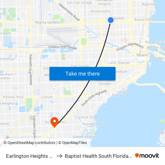 Earlington Heights Metrorail Station to Baptist Health South Florida South Miami Hospital map