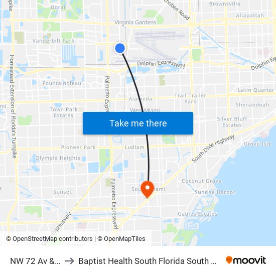 NW 72 Av & 22 St to Baptist Health South Florida South Miami Hospital map