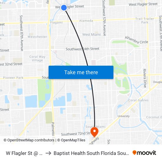 W Flagler St @ SW 72 Av to Baptist Health South Florida South Miami Hospital map