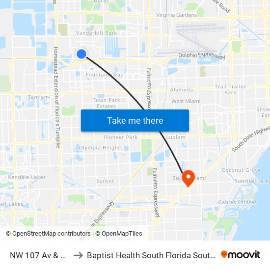 NW 107 Av & NW 14 St to Baptist Health South Florida South Miami Hospital map