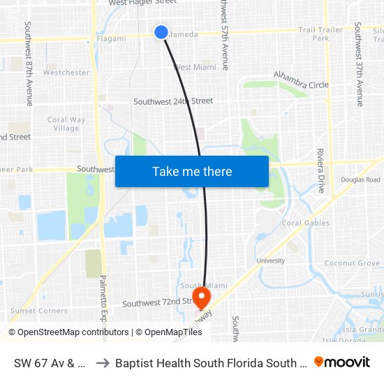 SW 67 Av & SW 8 St to Baptist Health South Florida South Miami Hospital map