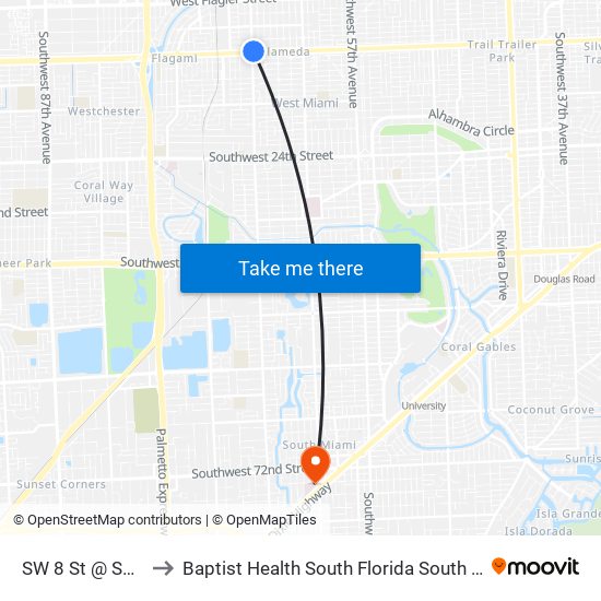 SW 8 St @ SW 67 Av to Baptist Health South Florida South Miami Hospital map