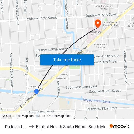 Dadeland North to Baptist Health South Florida South Miami Hospital map