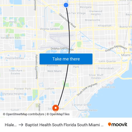 Hialeah to Baptist Health South Florida South Miami Hospital map