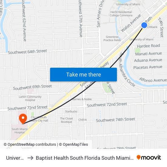 University to Baptist Health South Florida South Miami Hospital map