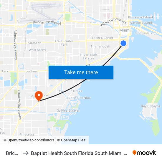 Brickell to Baptist Health South Florida South Miami Hospital map