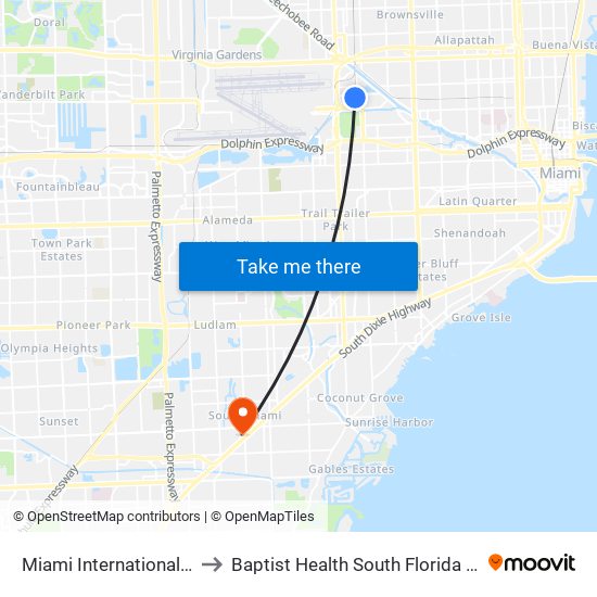 Miami International Airport Station to Baptist Health South Florida South Miami Hospital map