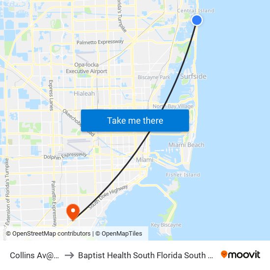 Collins Av@192 St to Baptist Health South Florida South Miami Hospital map