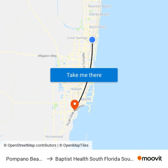 Pompano Beach Station to Baptist Health South Florida South Miami Hospital map