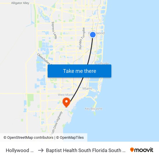 Hollywood Station to Baptist Health South Florida South Miami Hospital map