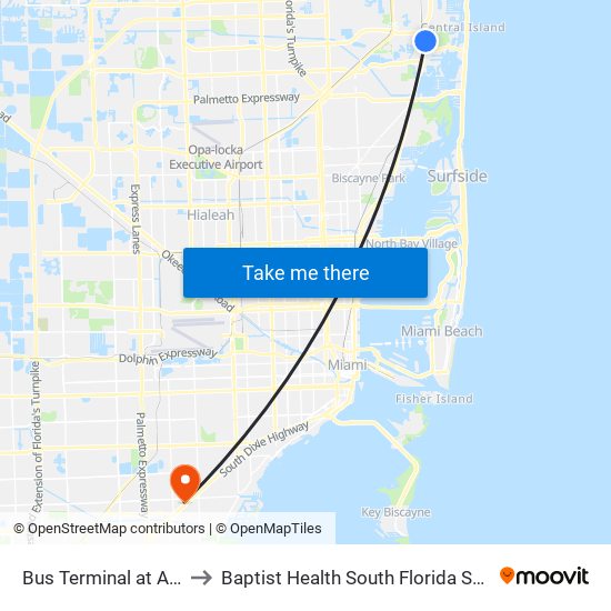 Bus Terminal at Aventura Mall to Baptist Health South Florida South Miami Hospital map