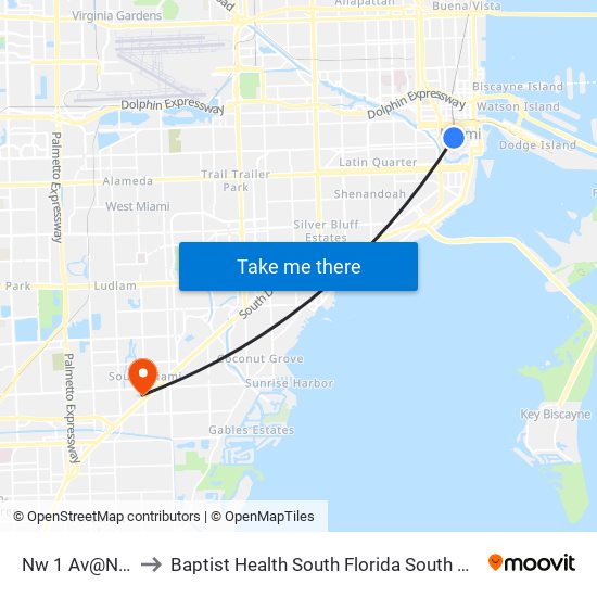 Nw 1 Av@Nw 2 St to Baptist Health South Florida South Miami Hospital map