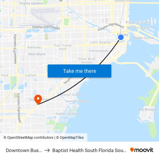 Downtown Bus Terminal to Baptist Health South Florida South Miami Hospital map