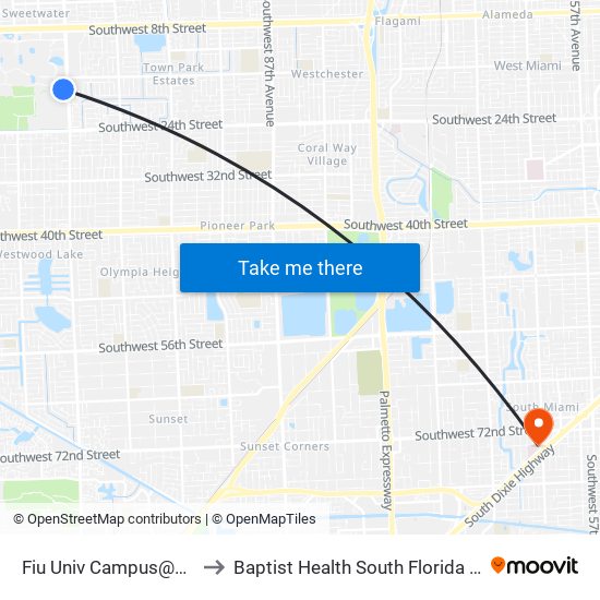 Fiu Univ Campus@Sw 107 Av-17 St to Baptist Health South Florida South Miami Hospital map