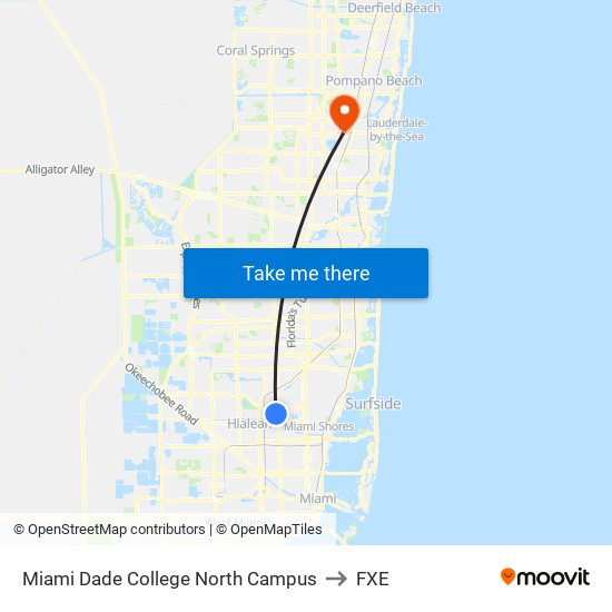 Miami Dade College North Campus to FXE map