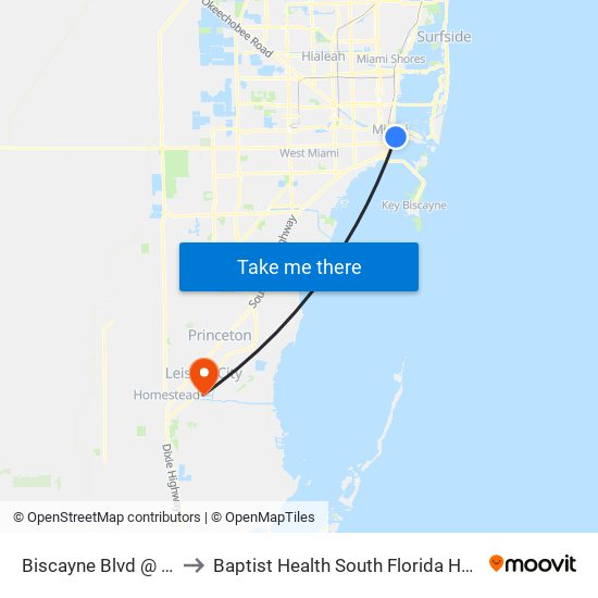 Biscayne Blvd @ E Flagler St to Baptist Health South Florida Homestead Hospital map