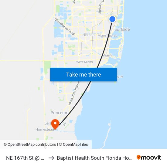 NE 167th St @ NE 15 Ave to Baptist Health South Florida Homestead Hospital map