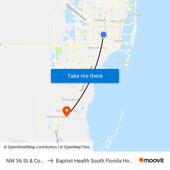 NW 36 St & Coolidge Dr to Baptist Health South Florida Homestead Hospital map