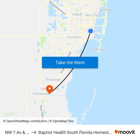 NW 7 Av & 11 St to Baptist Health South Florida Homestead Hospital map