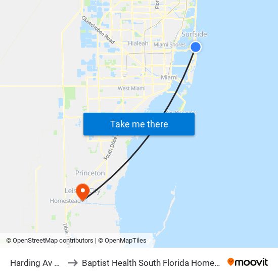 Harding Av & 72 St to Baptist Health South Florida Homestead Hospital map