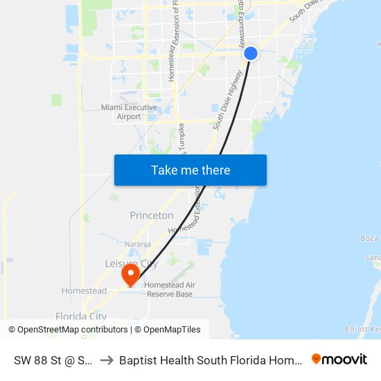 SW 88 St @ SW 72 Ct to Baptist Health South Florida Homestead Hospital map