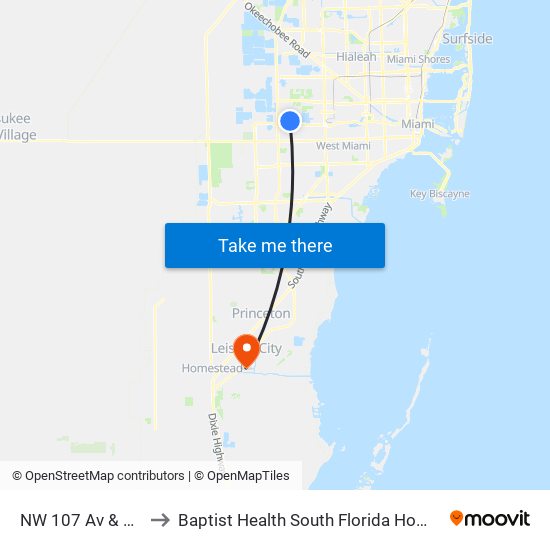 NW 107 Av & NW 14 St to Baptist Health South Florida Homestead Hospital map