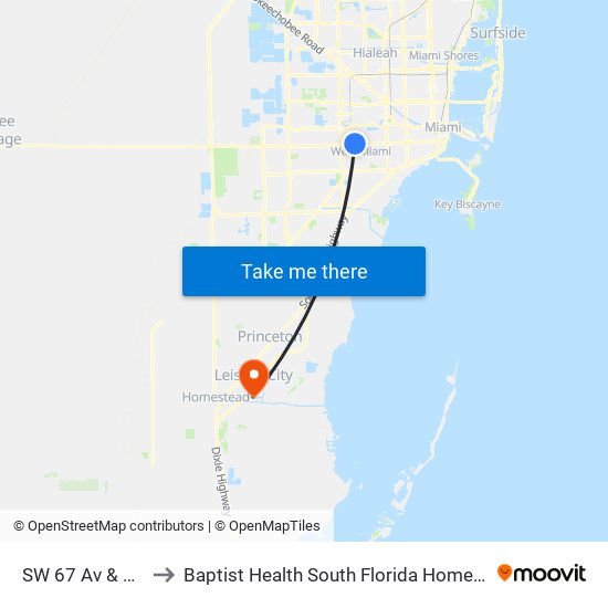SW 67 Av & SW 8 St to Baptist Health South Florida Homestead Hospital map