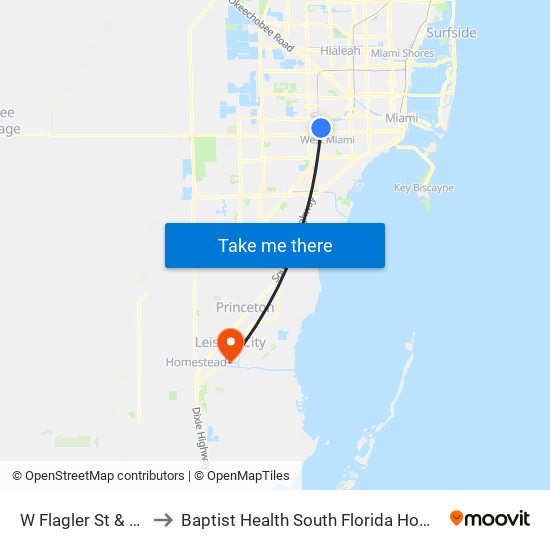 W Flagler St & SW 67 Av to Baptist Health South Florida Homestead Hospital map