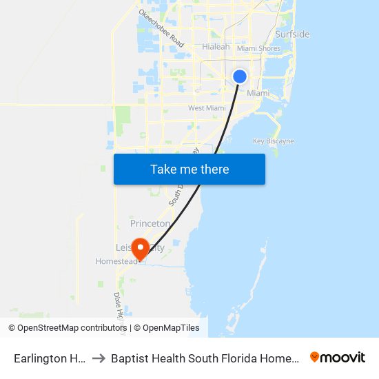 Earlington Heights to Baptist Health South Florida Homestead Hospital map