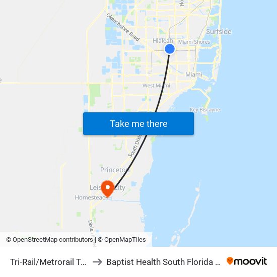 Tri-Rail/Metrorail Transfer Station to Baptist Health South Florida Homestead Hospital map