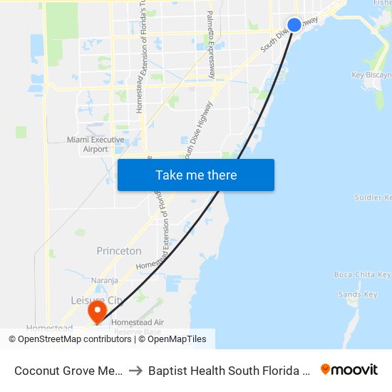 Coconut Grove Metrorail Station to Baptist Health South Florida Homestead Hospital map