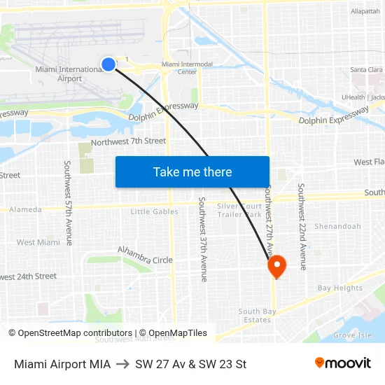 Miami Airport MIA to SW 27 Av & SW 23 St map