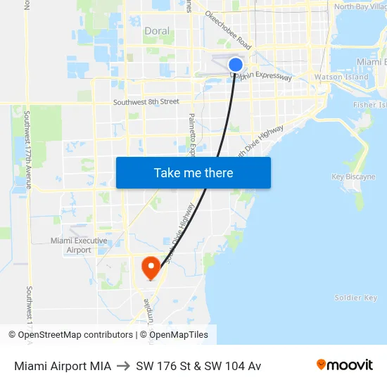 Miami Airport MIA to SW 176 St & SW 104 Av map