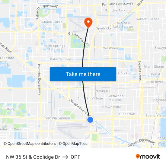 NW 36 St & Coolidge Dr to OPF map