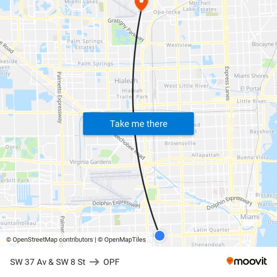 SW 37 Av & SW 8 St to OPF map