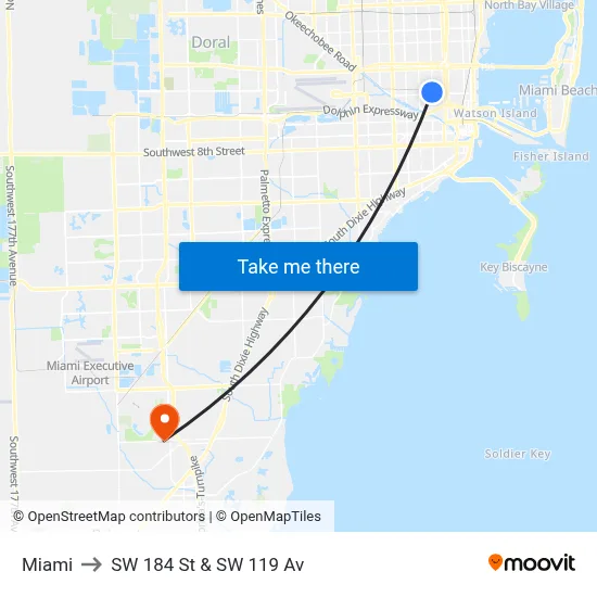 Miami to SW 184 St & SW 119 Av map