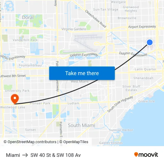 Miami to SW 40 St & SW 108 Av map